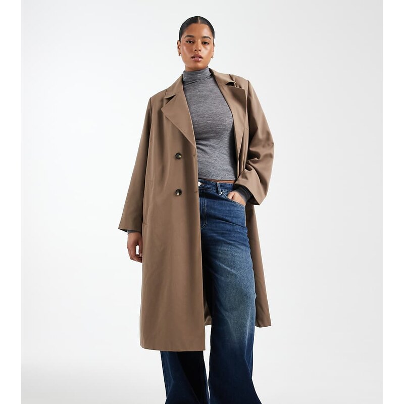 Pieces Plus Pieces Curve longline belted trench coat in brown lentil 112653877