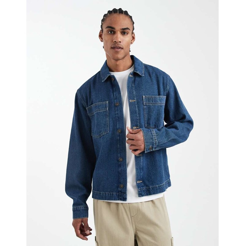 ASOS DESIGN long sleeved denim shirt in dark wash blue with tint
