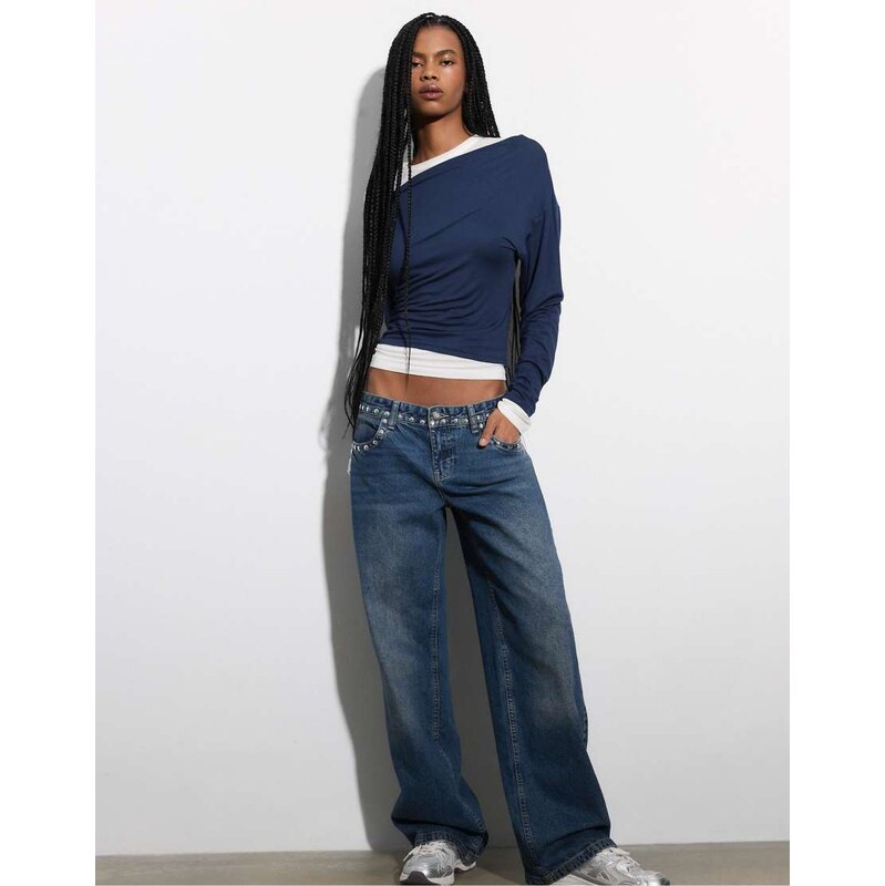 Stradivarius Asymmetrical neckline top in navy blue 112655572
