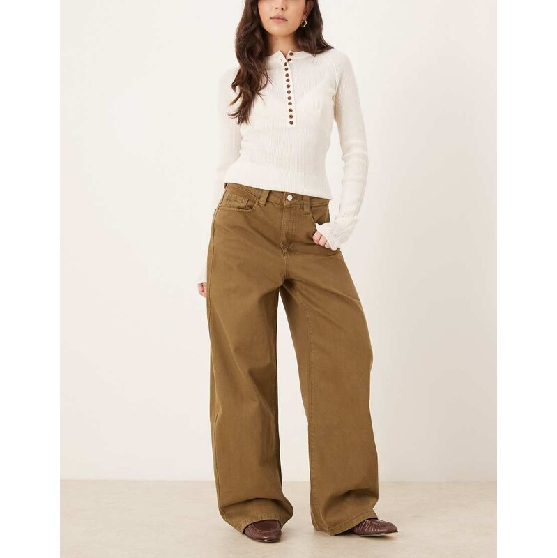 Mango Clemence 100% cotton baggy jean in khaki-Green