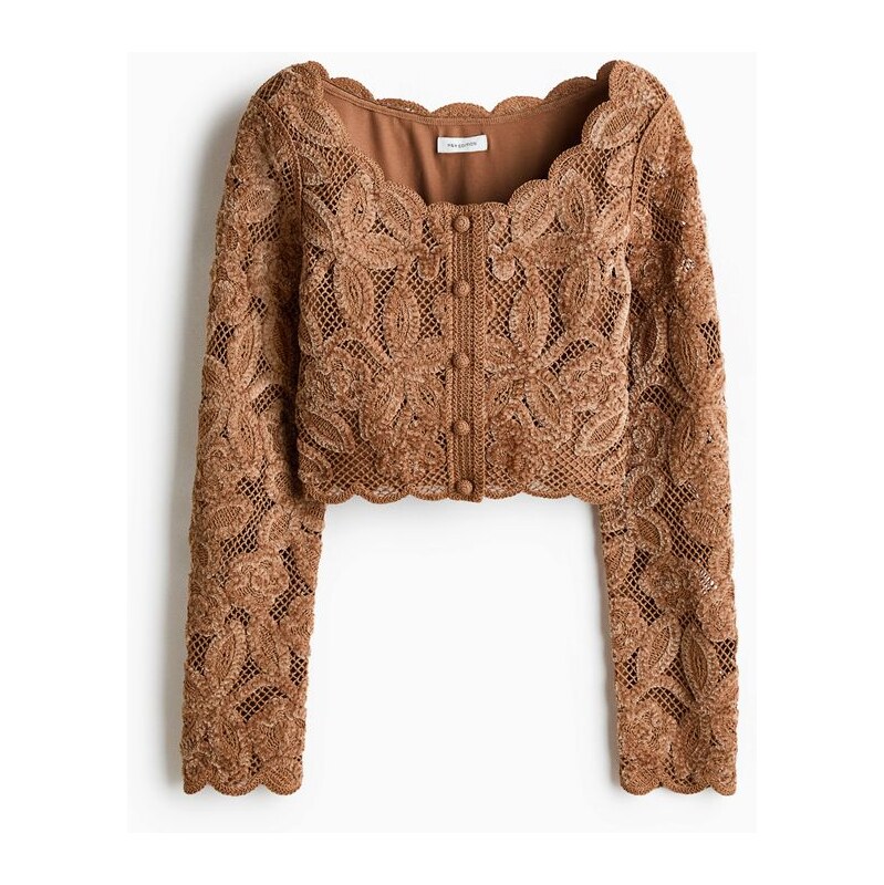 H&M - Croptops efektem háčkování - Tmavě Béžová