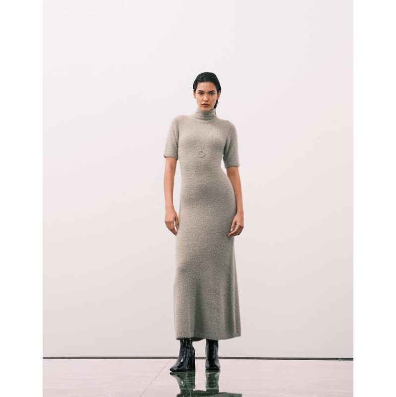 Pretty Lavish fluffy knit roll neck short sleeve maxi dress in sage 112655509
