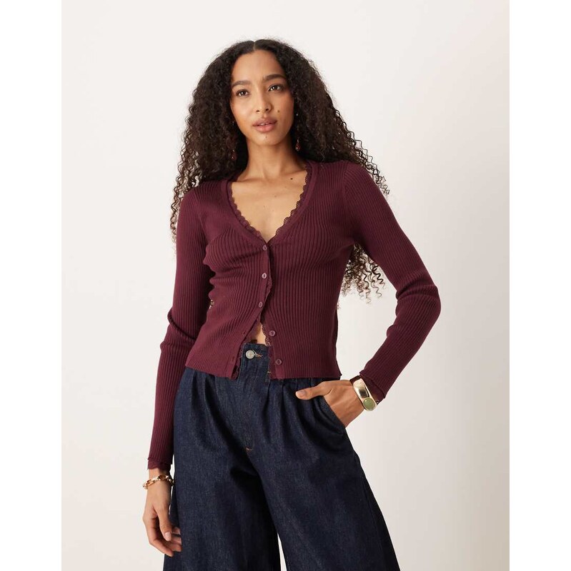Abercrombie & Fitch ribbed cardigan with lace trim in burgundy-Red 112655520