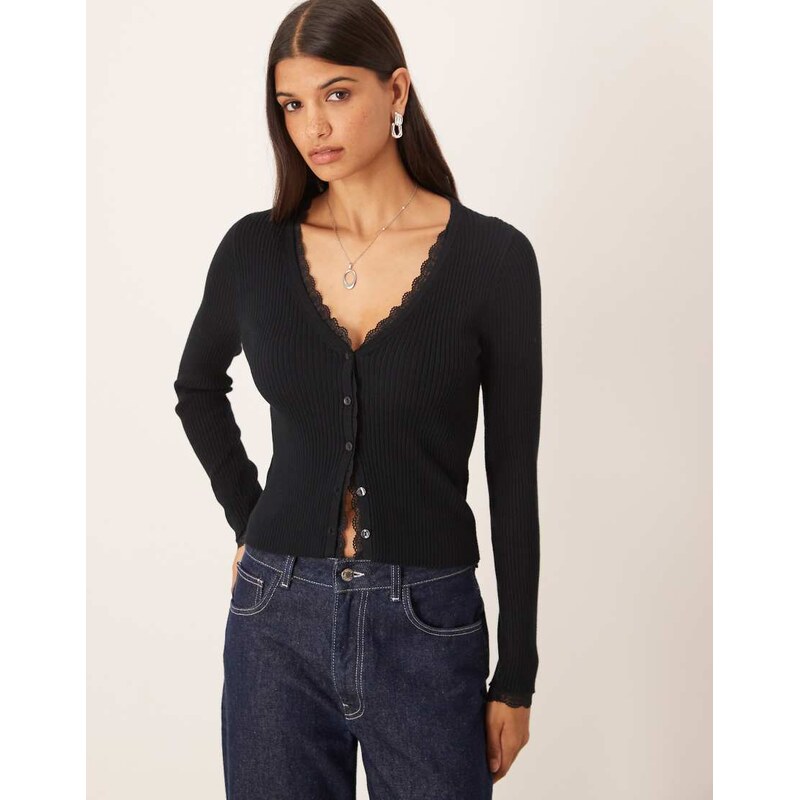 Abercrombie & Fitch ribbed cardigan with lace trim in black 112655521