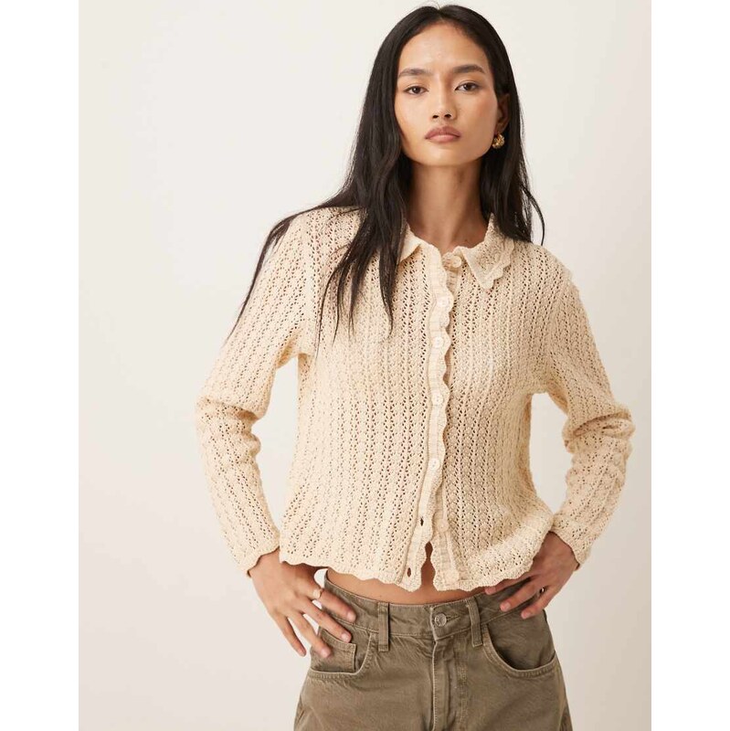 JDY open knit polo neck cardigan in cream-White