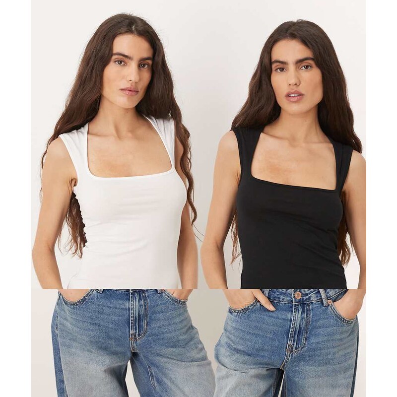 JJXX 2 pack square neck top in black & white