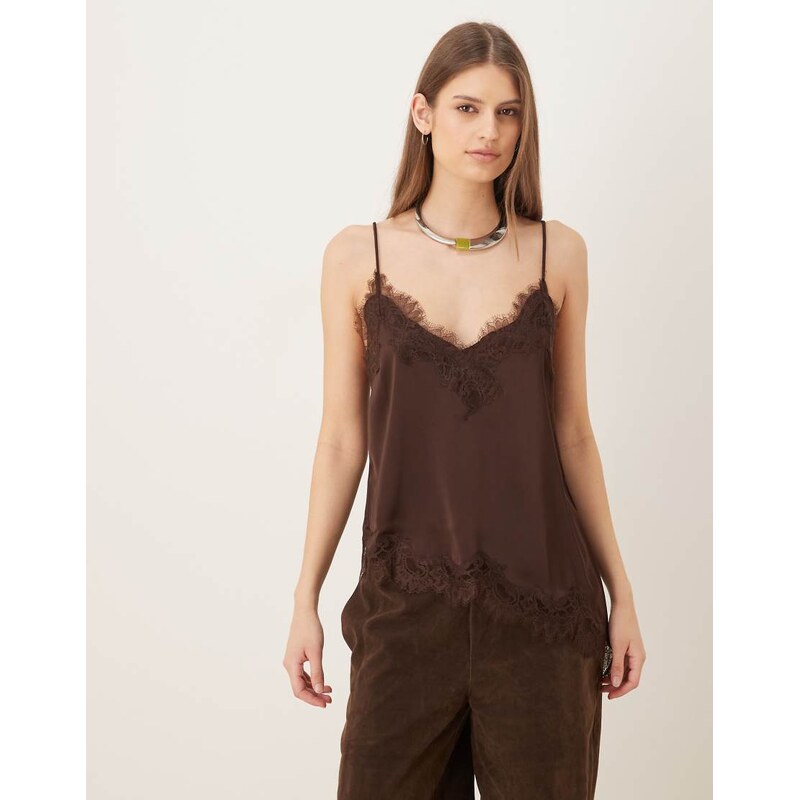 Mango asymmetric hem satin cami top with lace edge in chocolate-Brown 112655565