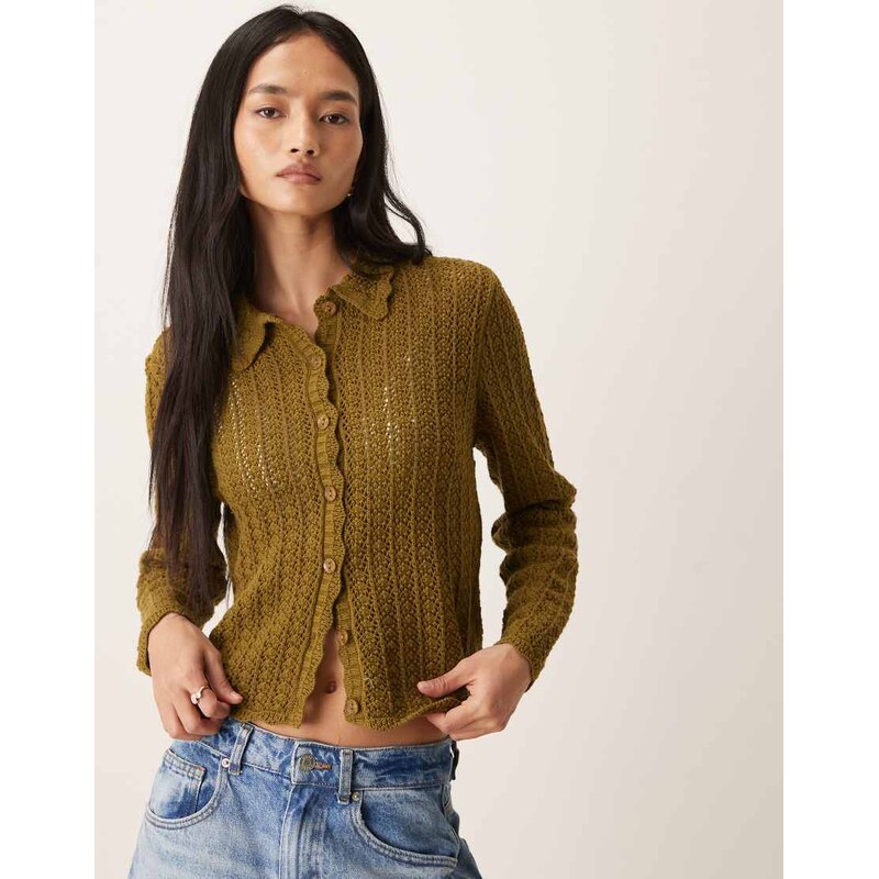 JDY open knit polo neck cardigan in green 112655547