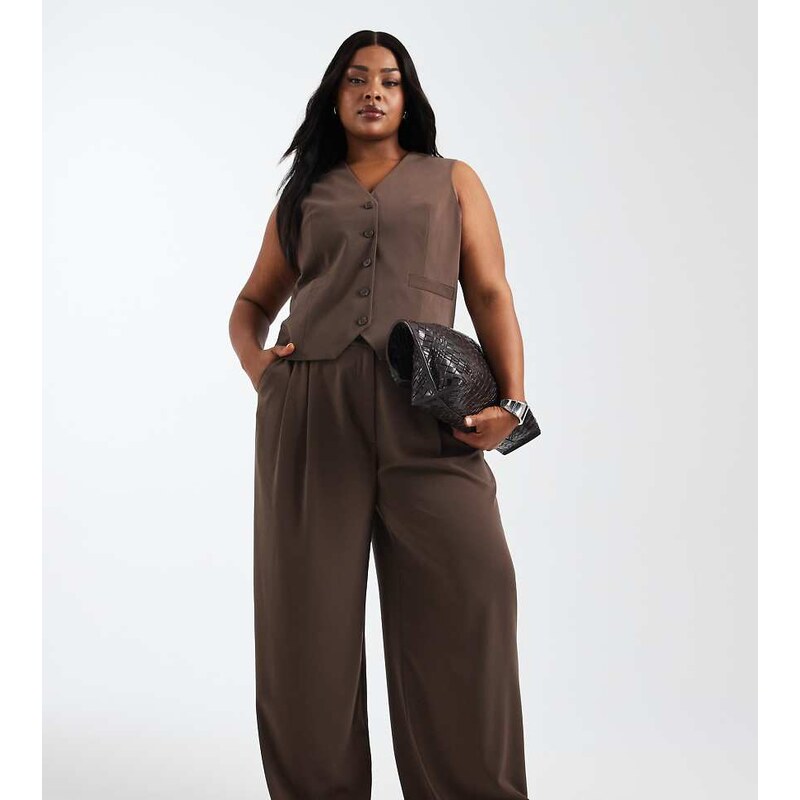 ONLY Curve wide leg tailored trousers co-ord in chocolate brown