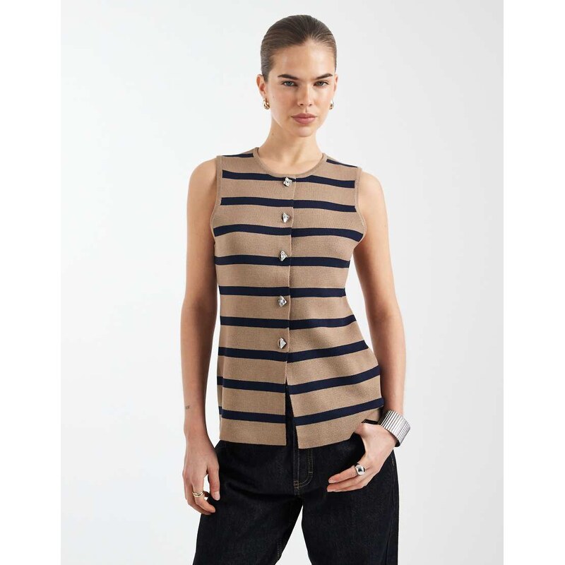 ONLY buttons details knitted vest in beige and navy stripe-Brown