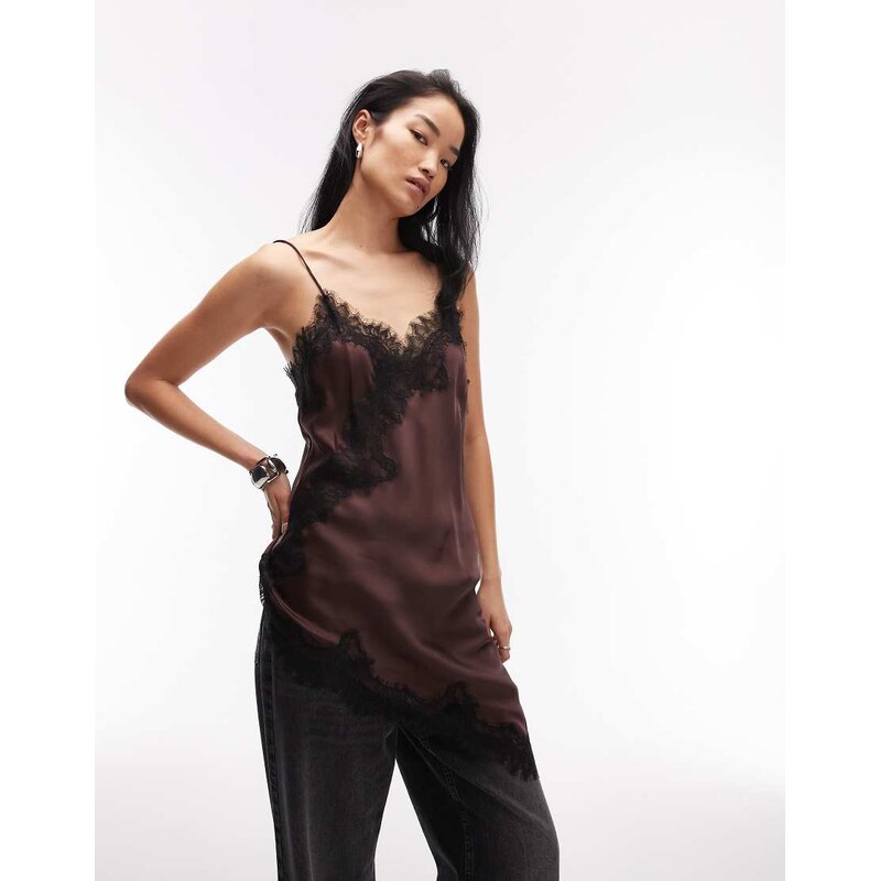 Mango asymmetric hem longline satin cami top with lace edge in 112655776