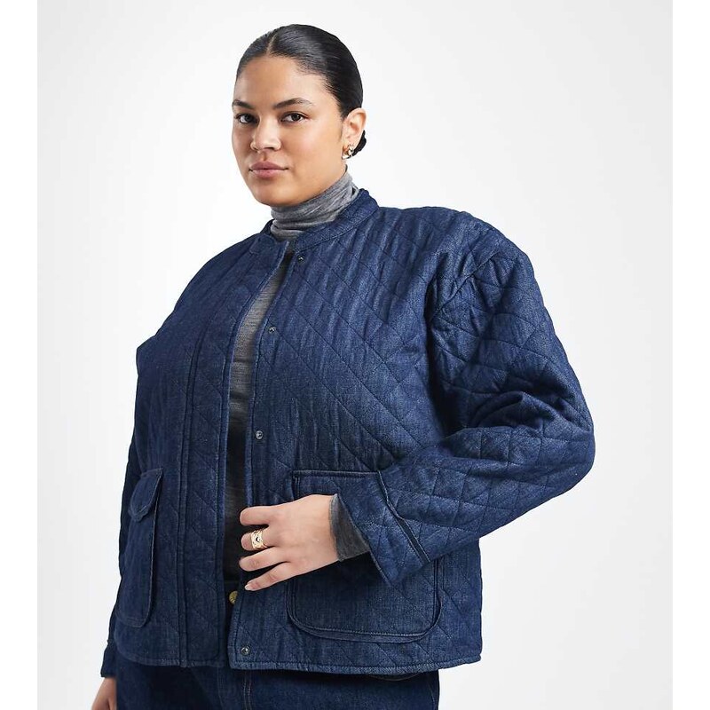 ONLY Curve quilted denim jacket in dark blue