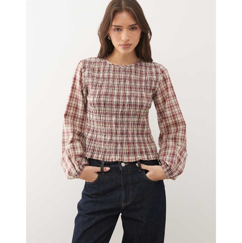Noisy May long sleeve smock top in red and beige check 112671014