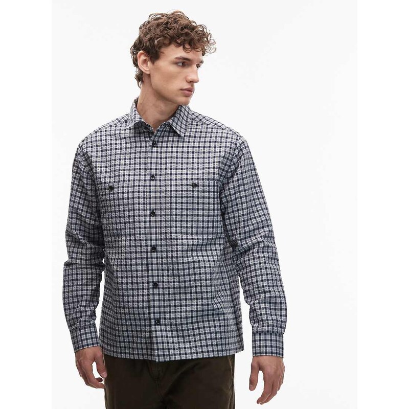 ASOS DESIGN relaxed micro check shirt with pockets in navy