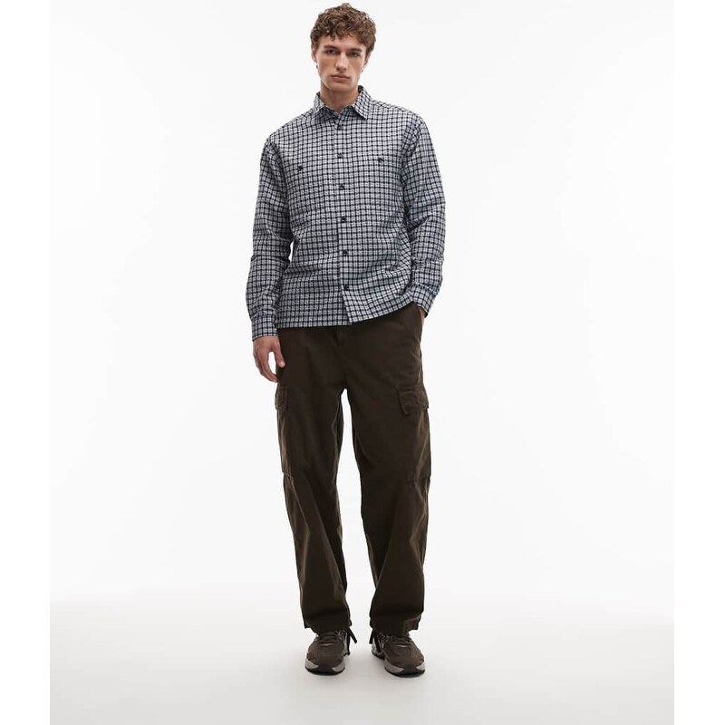 ASOS DESIGN relaxed micro check shirt with pockets in navy