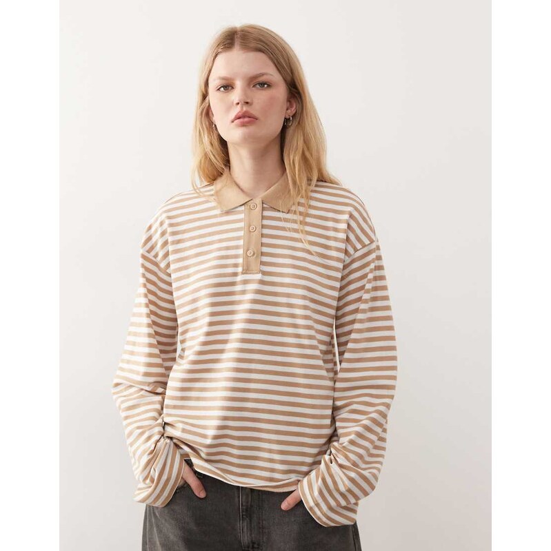 Monki long sleeve oversized rugby polo in beige and white stripe