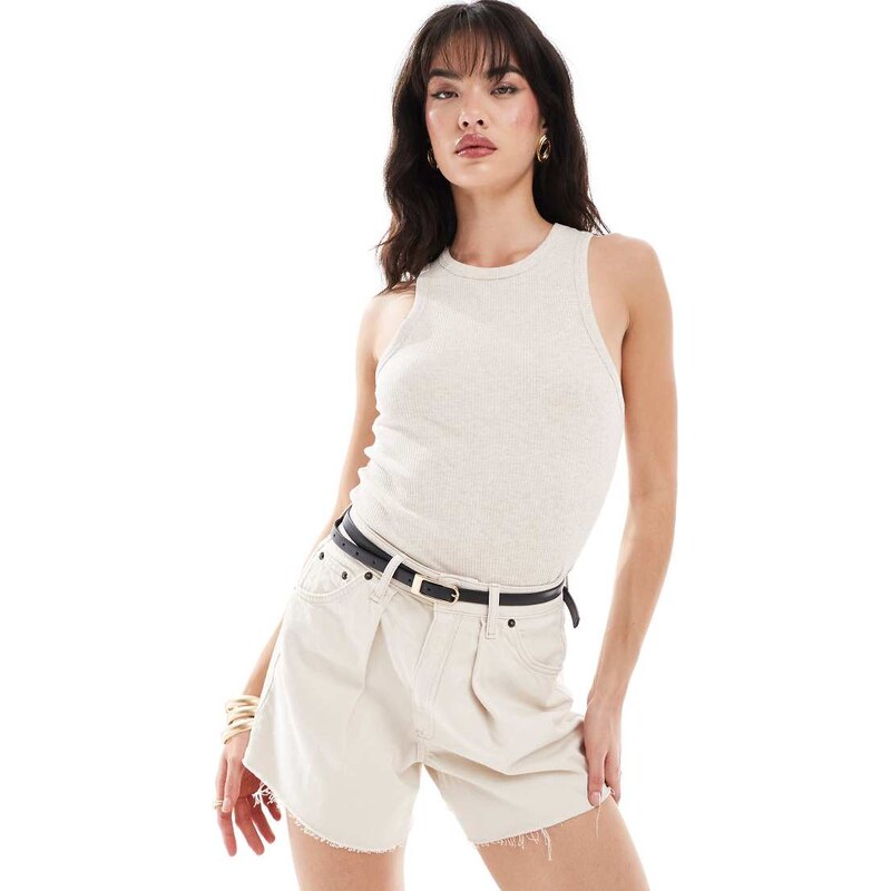 Selected ribbed vest in cream-White