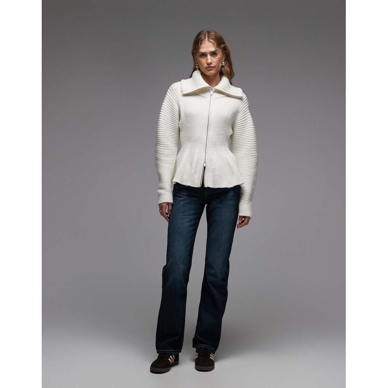 Monki double zip cinch cardigan with peplum hem in white