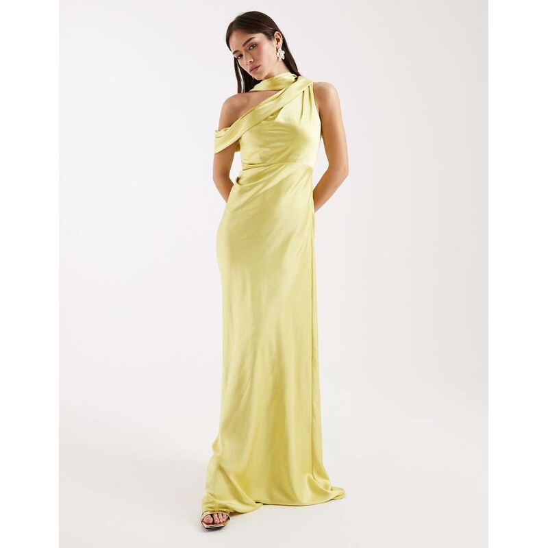 Six Stories Bridesmaids satin drape one shoulder maxi dress in yellow 115403058
