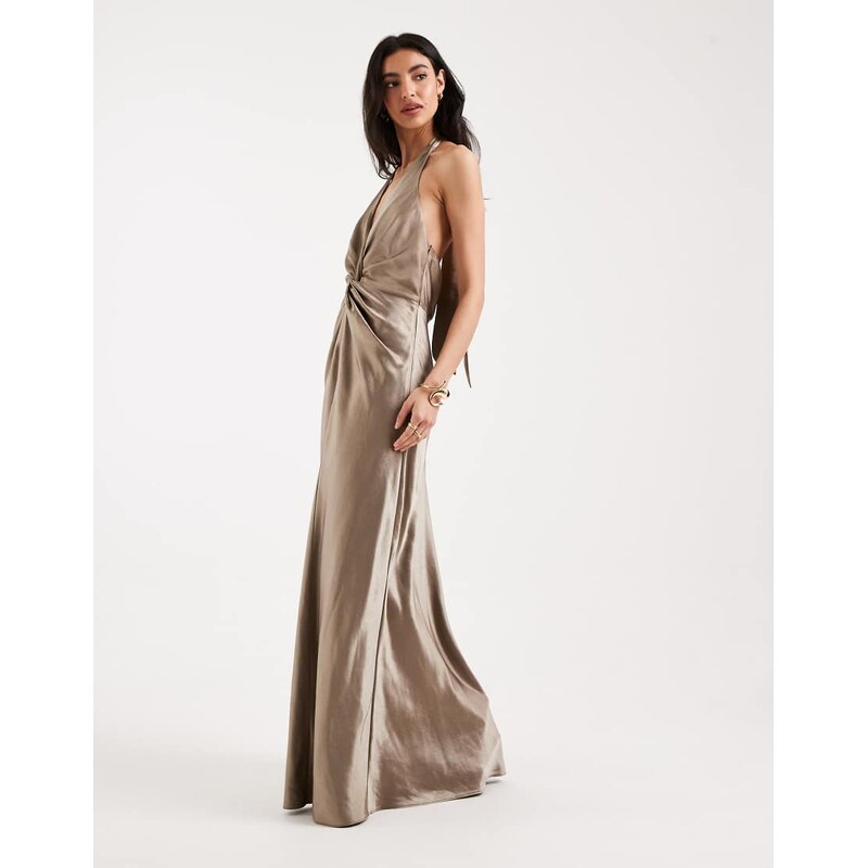 Six Stories Bridesmaids satin plunge knot detail open back maxi