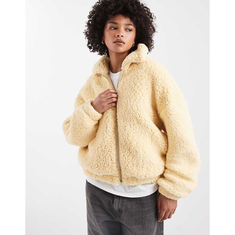 Miss Selfridge zip through borg jacket in butter milk-Yellow