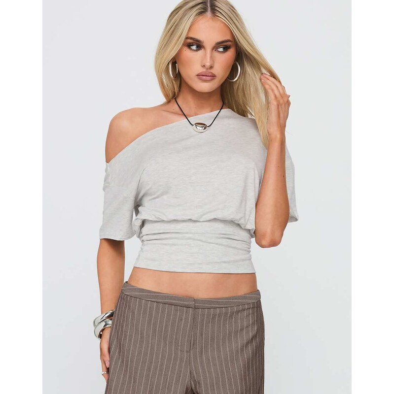 Princess Polly Ashlinn off shoulder cinch waist drape t-shirt in grey 112670706