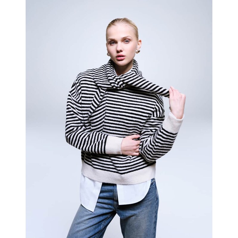 ASOS DESIGN stripe knit jumper with scarf in black and ecru