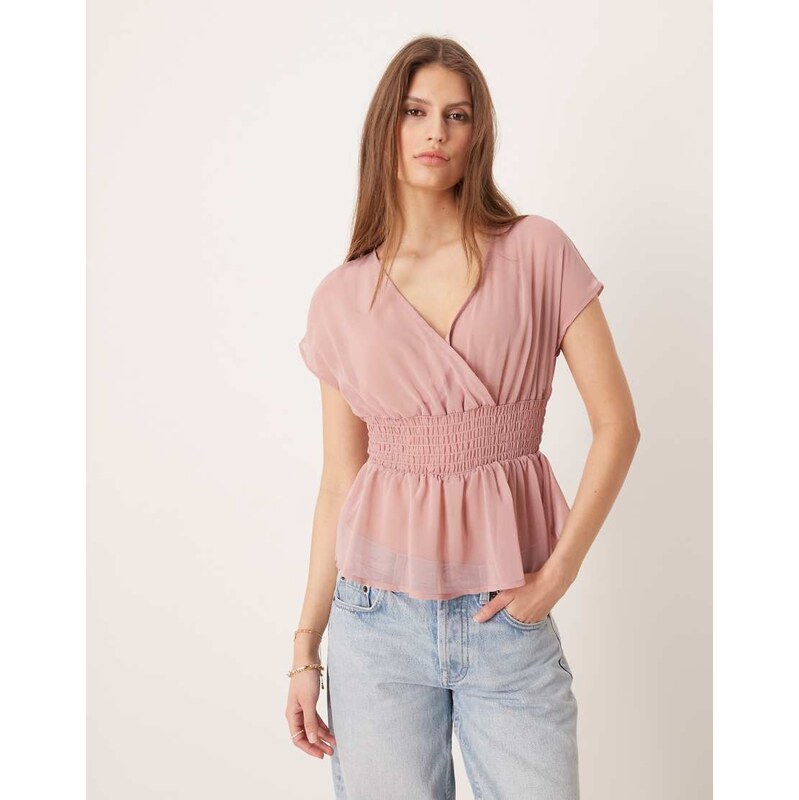 Glamorous v neck chiffon angel sleeve blouse in pink blush 114688163