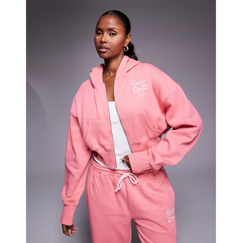 Kaiia embroidered bow logo cropped zip through hoodie co-ord in coral 112676664