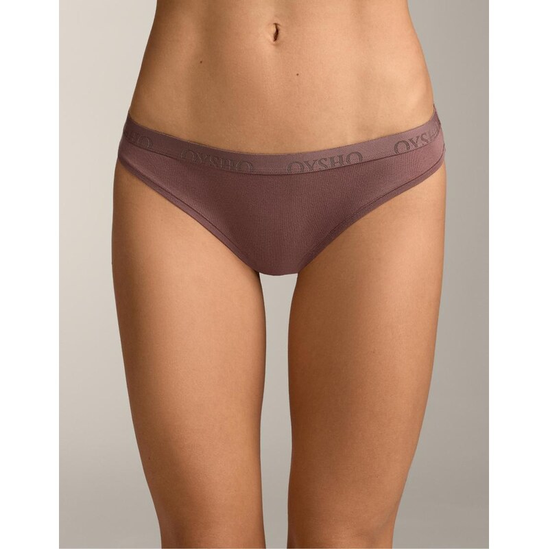 OYSHO 3 cotton blend classic briefs with logo in mid stone melange 112676726