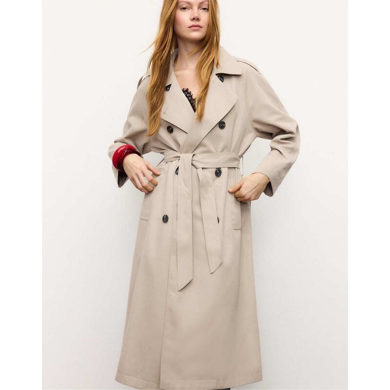 Stradivarius Long flowing trench coat in stone-White