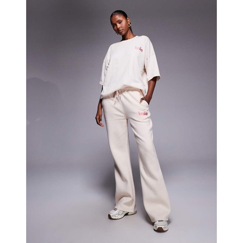 Kaiia embroidered logo detail wide leg joggers co-ord in cream
