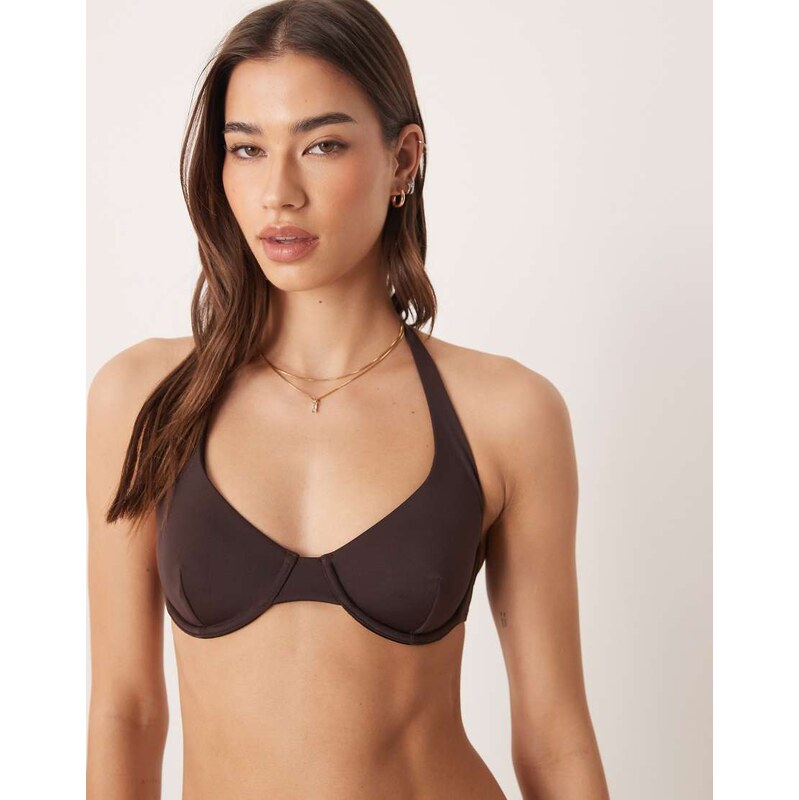 Free Society underwire halterneck bikini top in dark brown 112676623