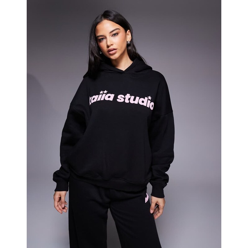 Kaiia Studio star logo oversized hoodie co-ord in black and pink 112676836