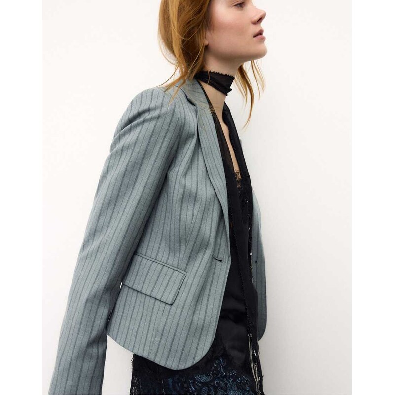 Stradivarius Striped cropped blazer in grey melange 112696558