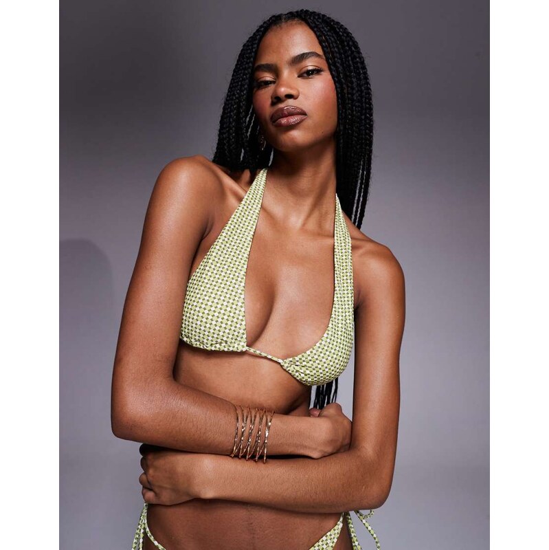 Candypants geometric print halterneck bikini top in green multi