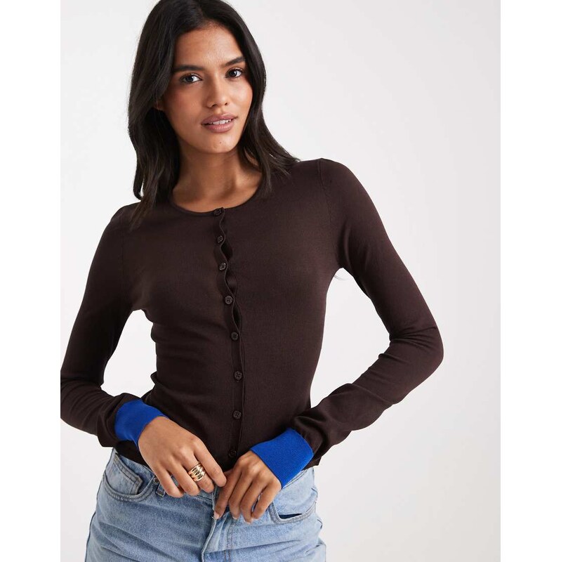 WeWoreWhat fine knit fitted cardigan in coffee with blue cuffs