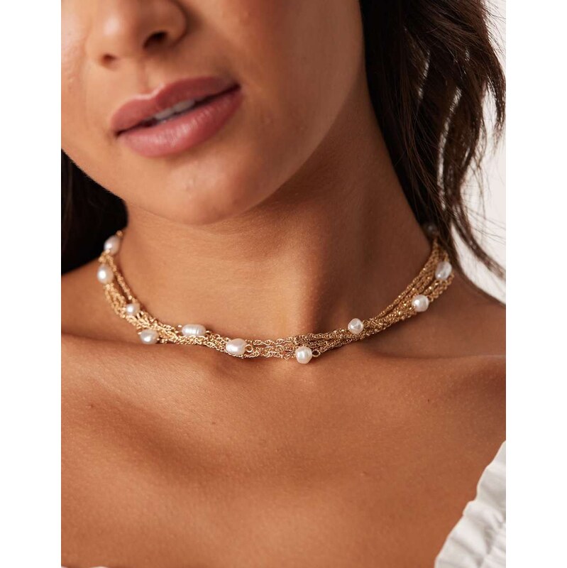 ASOS DESIGN choker necklace with multi-row chains and faux pearls in 112696119