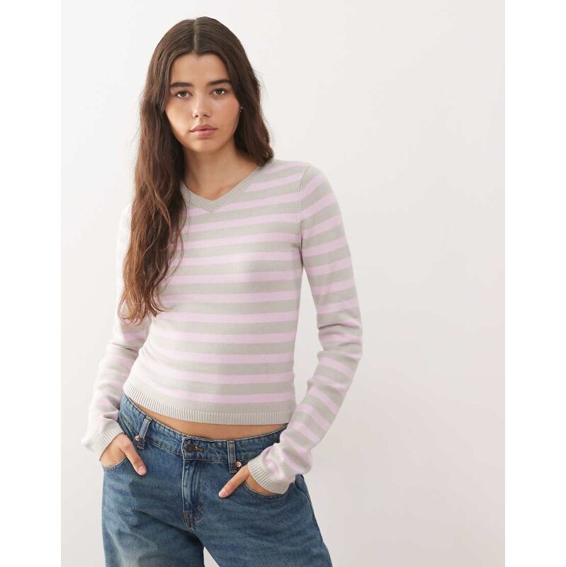 Lioness knitted v neck jumper in soft pink stripe-Multi