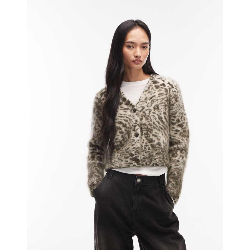 AllSaints wick amur animal print cardigan in beige-Green