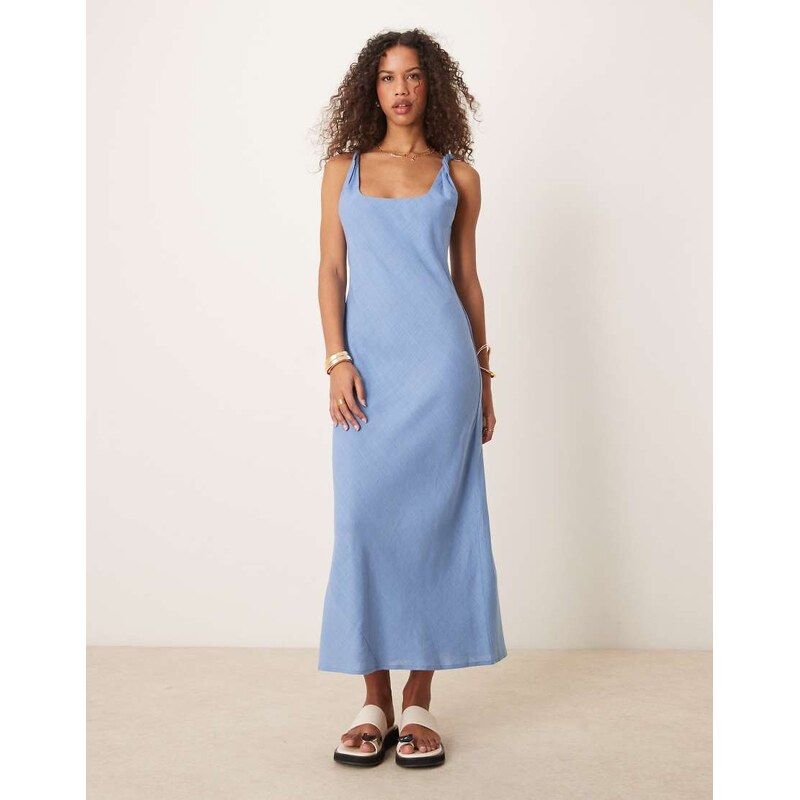 ASOS DESIGN linen look twist strap bias maxi sundress in blue in