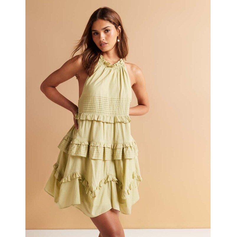 ASOS DESIGN halter ruffle mini sundress with pintucks in washed