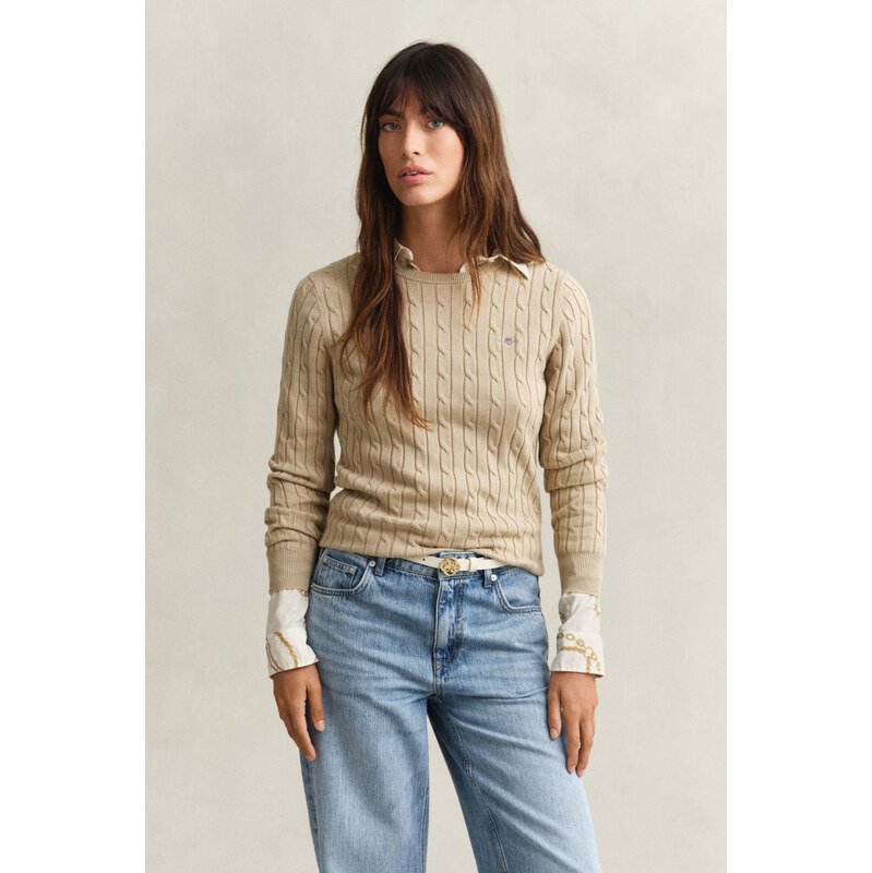 SVETR GANT STRETCH COTTON CABLE C-NECK OAT BEIGE