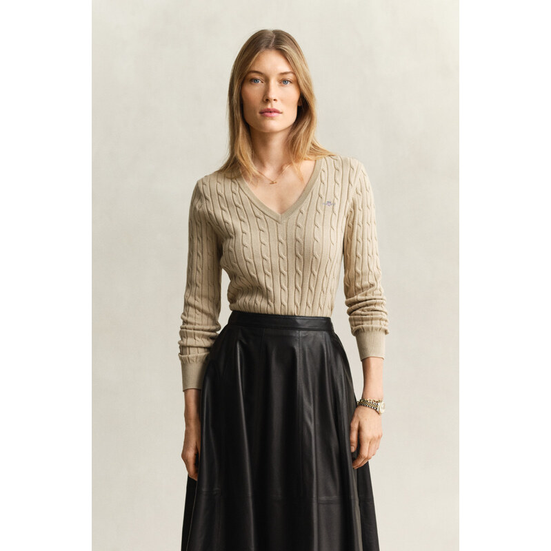 SVETR GANT STRETCH COTTON CABLE V-NECK OAT BEIGE 112683611