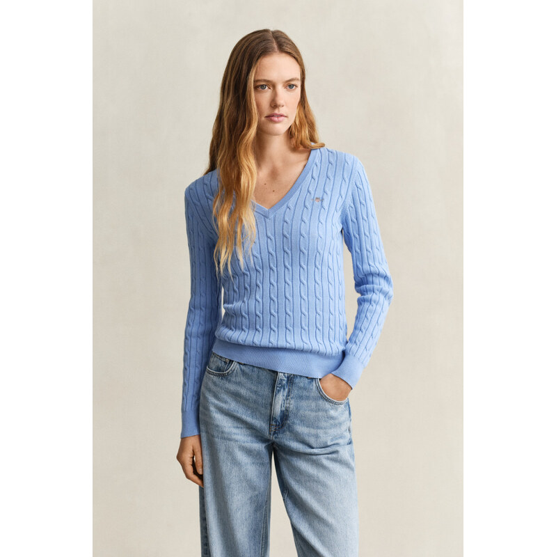 SVETR GANT STRETCH COTTON CABLE V-NECK PALACE BLUE