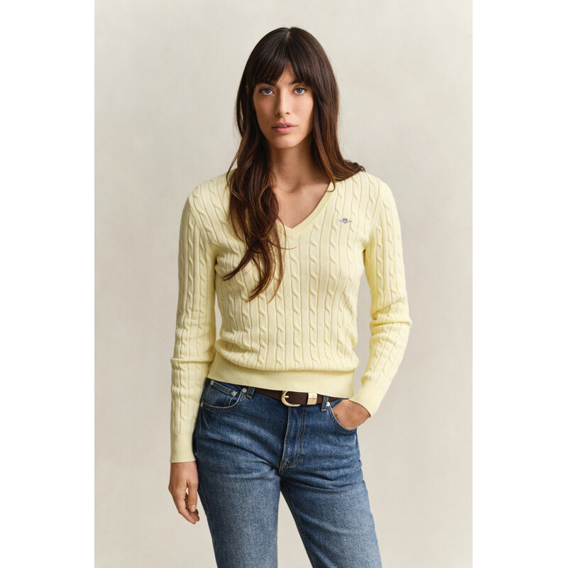 SVETR GANT STRETCH COTTON CABLE V-NECK VANILLA YELLOW