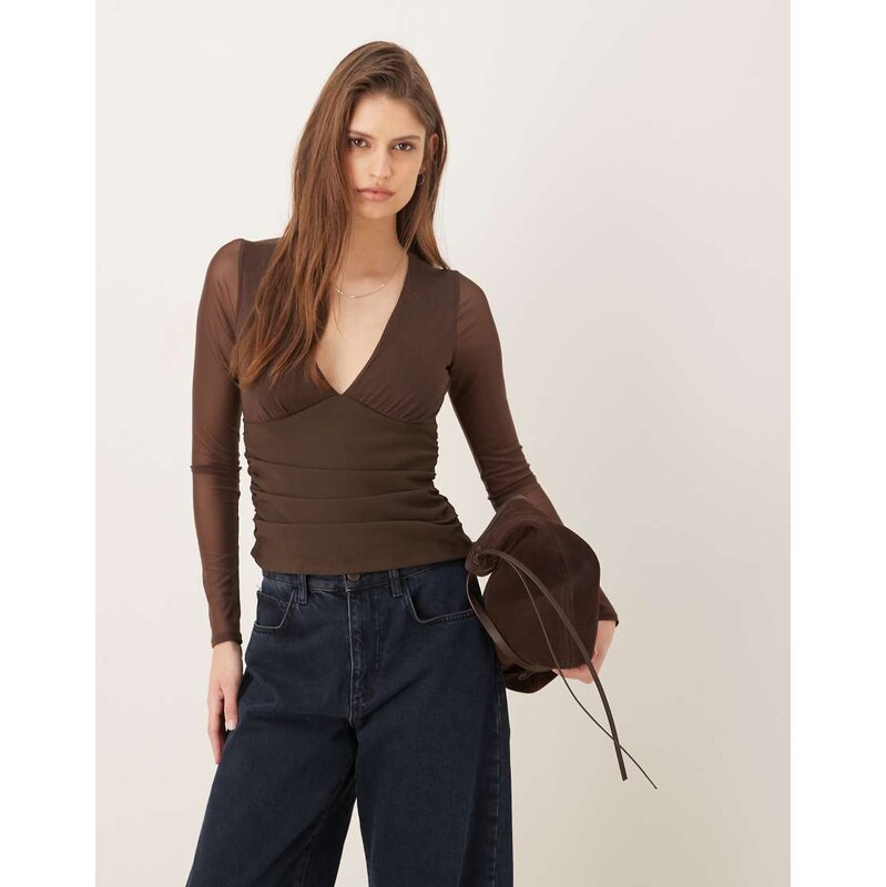 Abercrombie & Fitch plunge neck bra free top in black-Brown