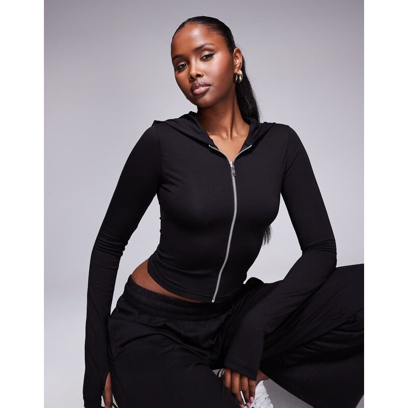 Kaiia cotton rich soft touch zip through hoodie co-ord in black