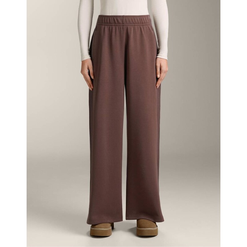 OYSHO Wide-leg rib straight trousers with brushed modal in dark brown 112696507