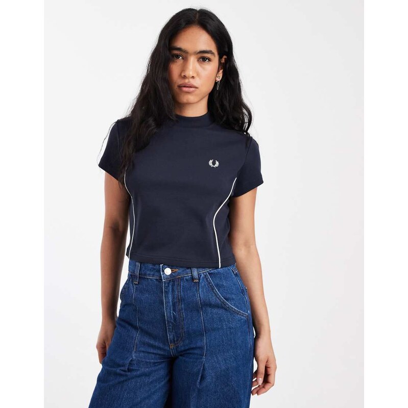 Fred Perry piped seams logo mock neck t-shirt in navy 113476791